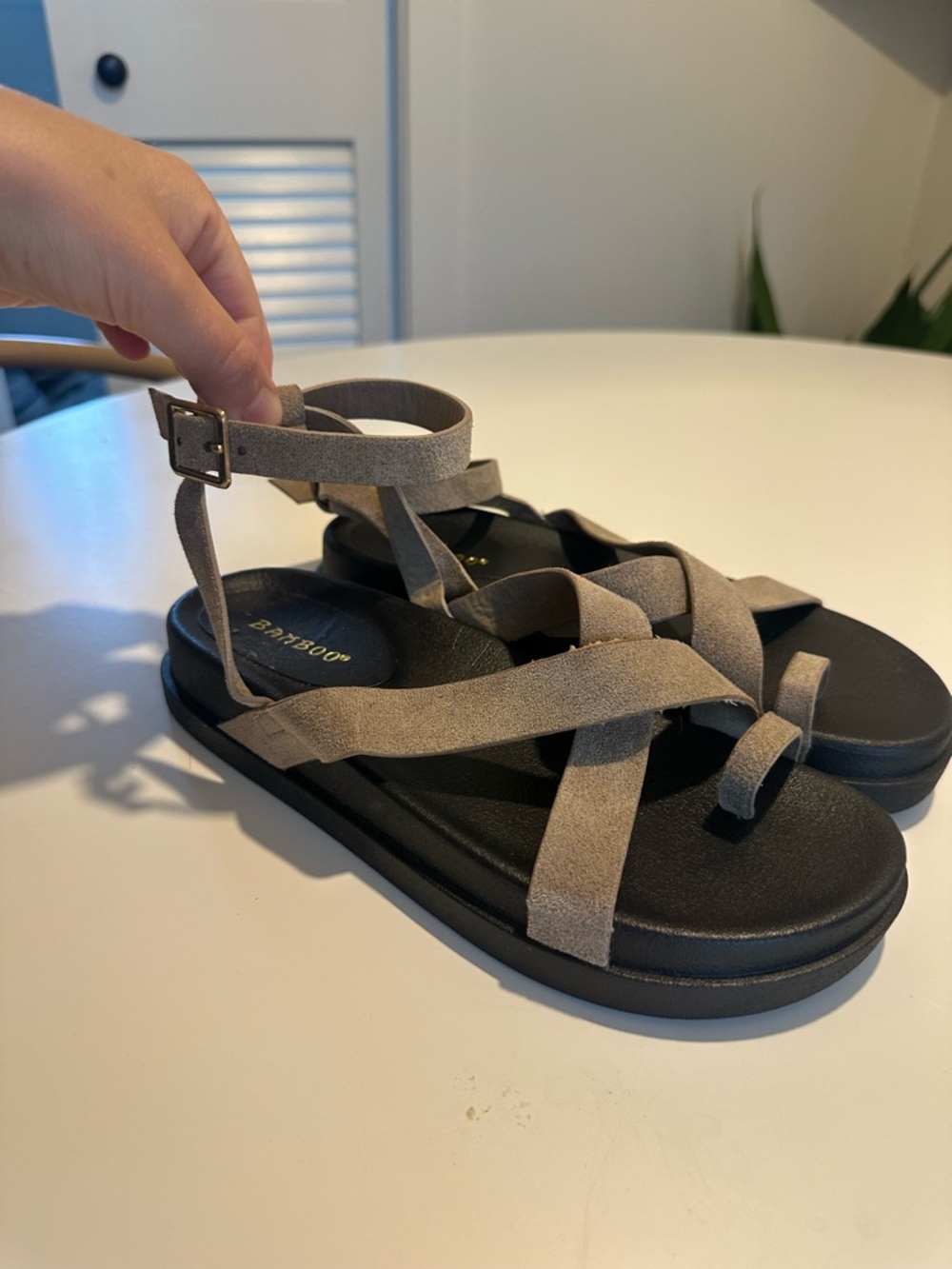 BAMBOO Taupe Suede Strappy Ankle Sandals